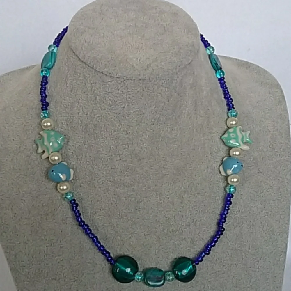 Blue tropical fish beaded necklace